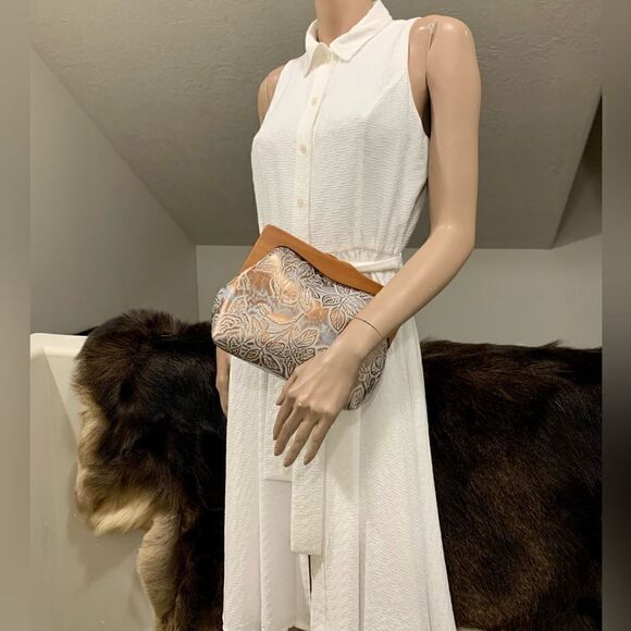 Handmade Genuine Cowhide Floral Embossed, Wooden Frame Bag & 2 Strap Styles - Picture 2 of 16